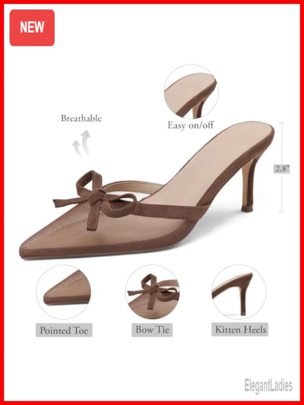 Kitten Heels Mesh Closed Toe Pumps Bow Mule Slip-On Women Office